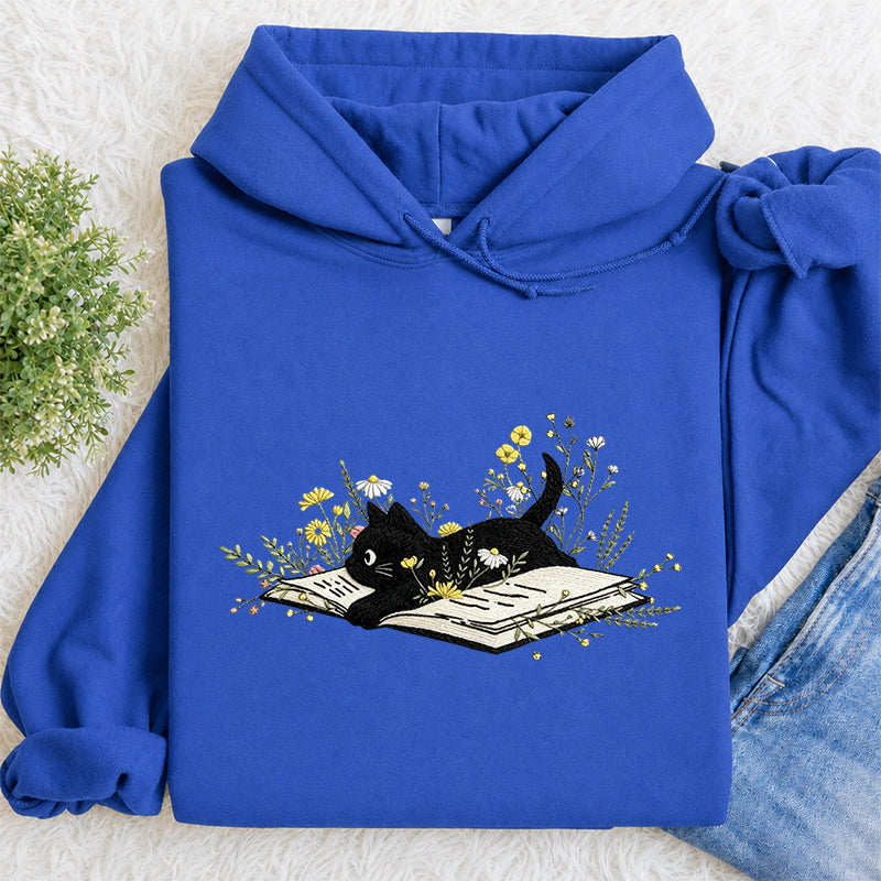 Embroidered Floral Book Cat Classic Adult Unisex Hoodie
