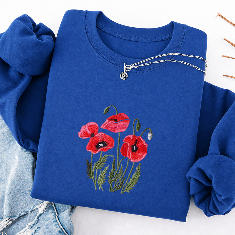 Embroidered Poppy Flower Classic Crewneck Sweatshirt