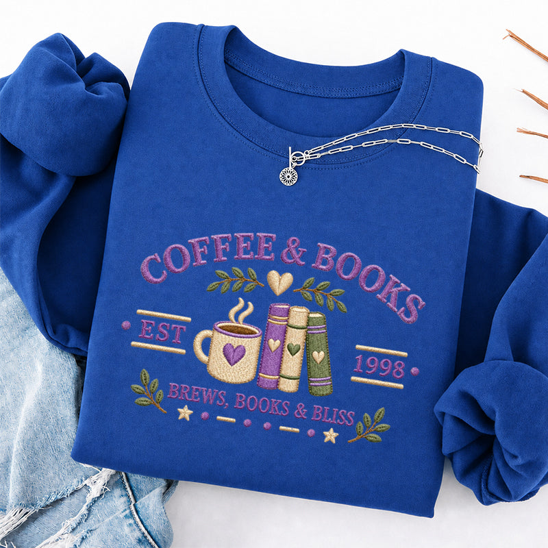 Embroidered Coffee And Books Classic Crewneck Sweatshirt