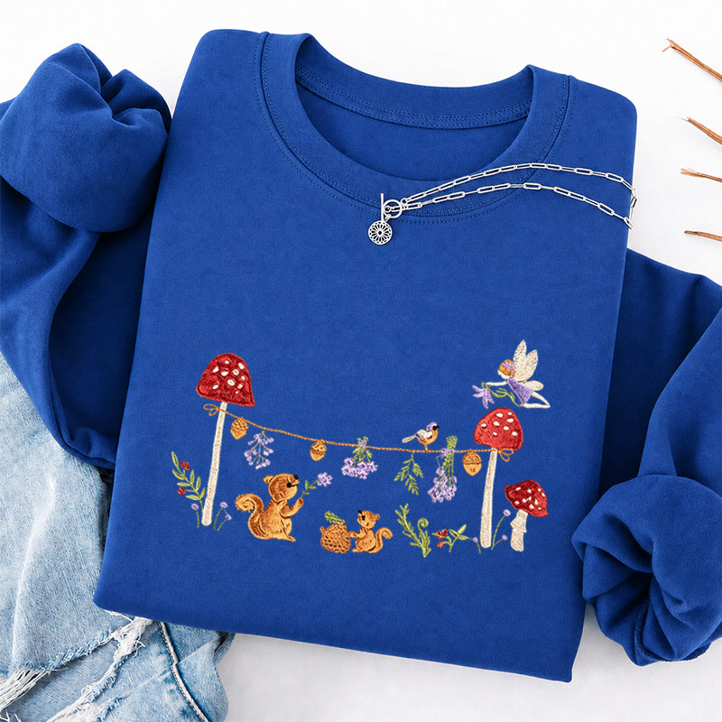 Embroidered Squirrel Woodland Fairy Tale Classic Crewneck Sweatshirt