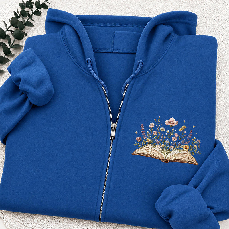Embroidered Floral Book Adult Unisex Full Zip Hoodie