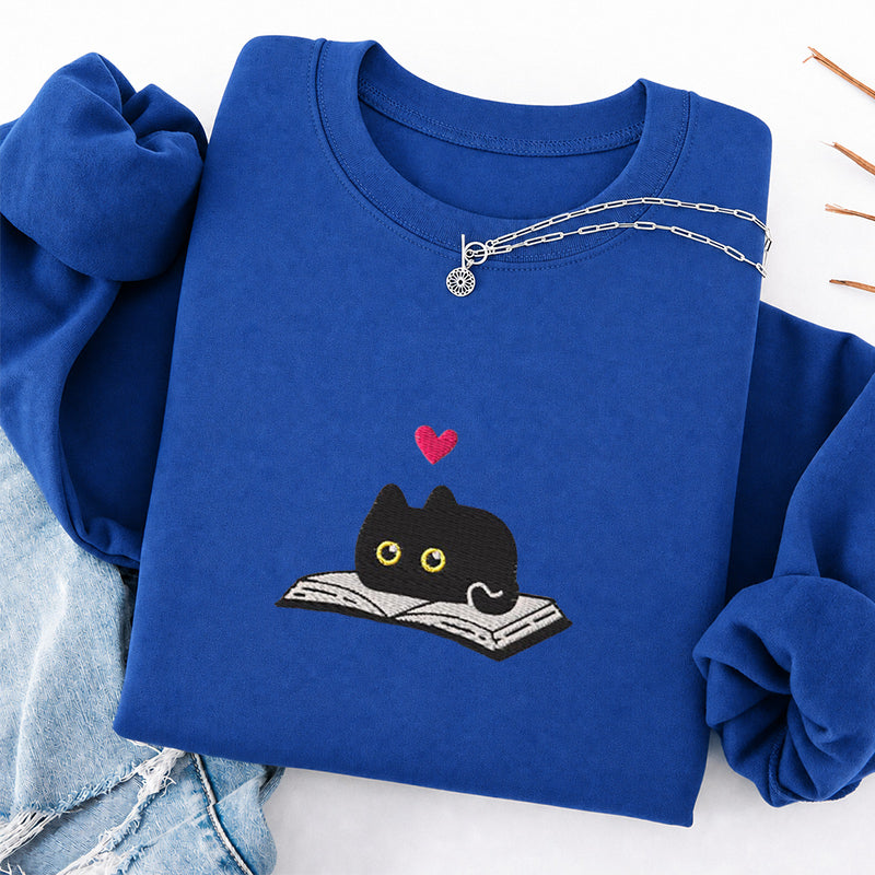Embroidered Black Cat And Book Classic Crewneck Sweatshirt