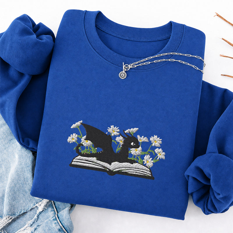 Embroidered Floral Dragon Book Classic Crewneck Sweatshirt