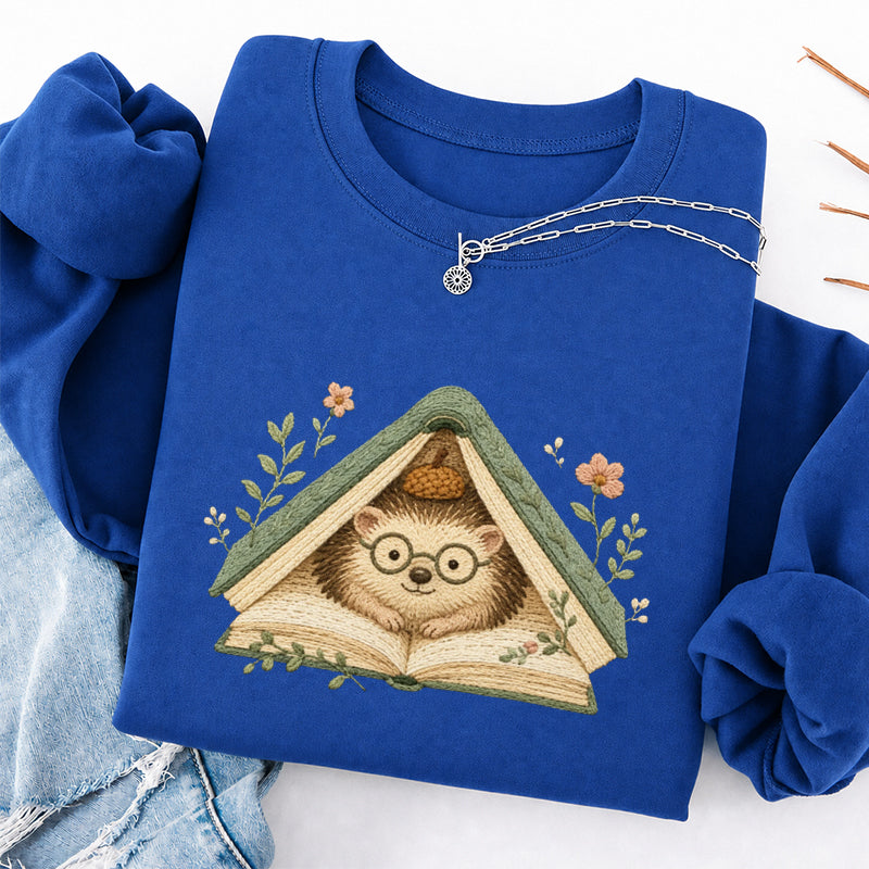 Embroidered Hedgehog Book Flower Classic Crewneck Sweatshirt