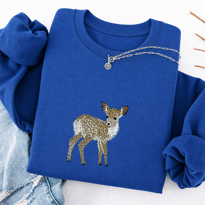 Embroidered Forest Deer Classic Crewneck Sweatshirt