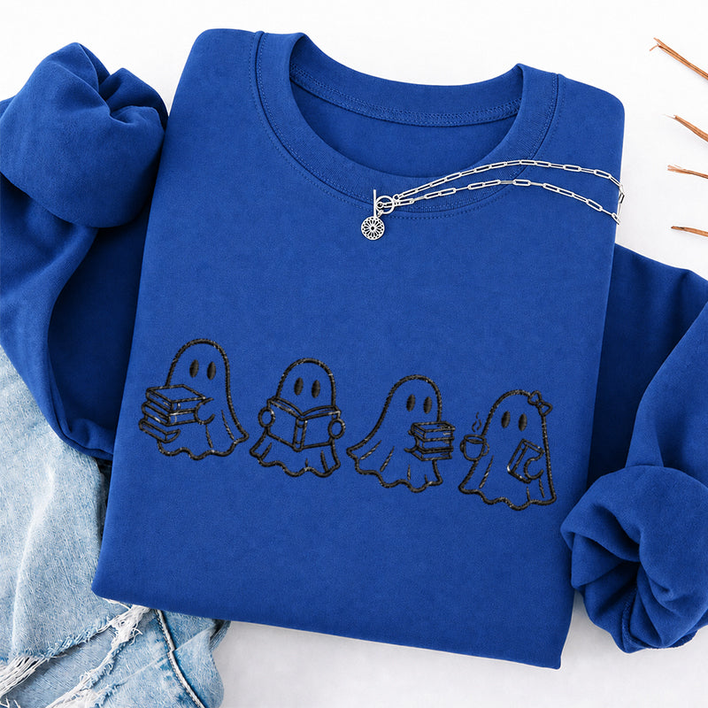 Embroidered Ghost Reading Books Classic Crewneck Sweatshirt