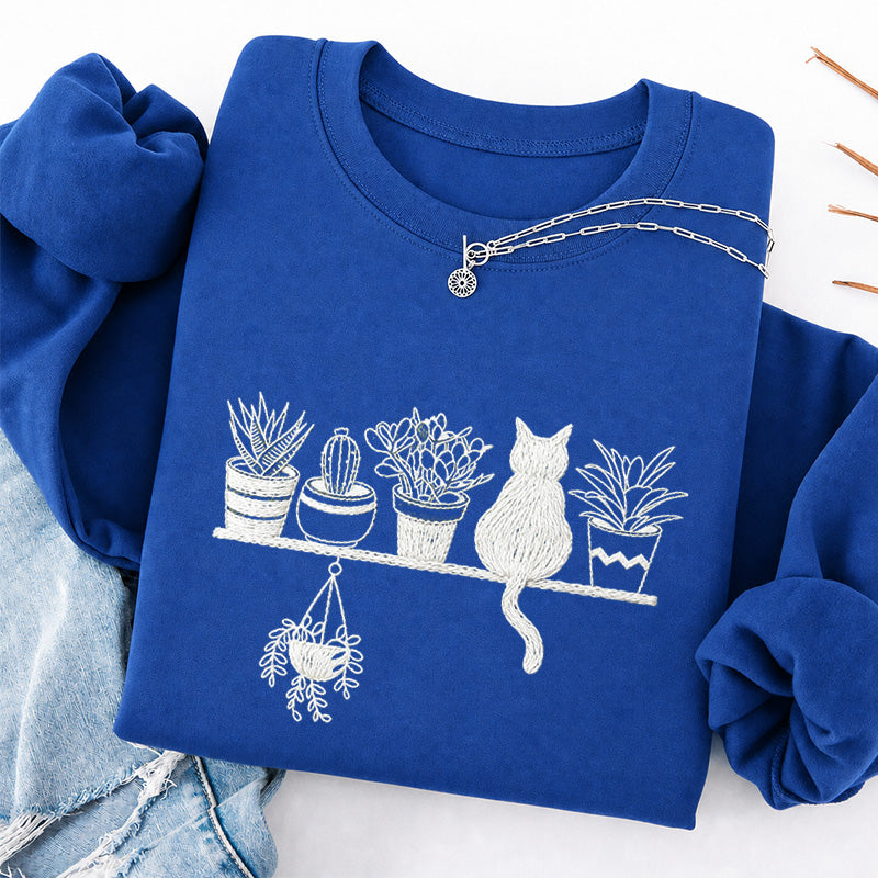 Embroidered Cats And Plants Classic Crewneck Sweatshirt