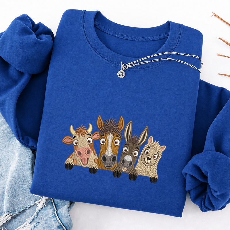 Embroidered Peeking Farm Animals Classic Crewneck Sweatshirt