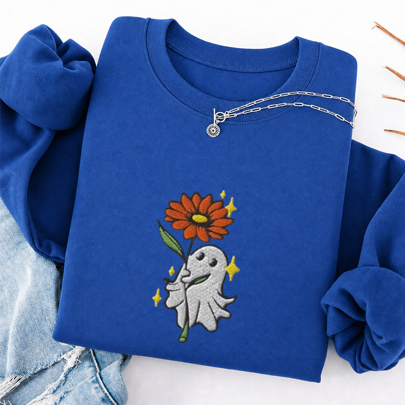 Embroidered Ghost Holding a Flower Classic Crewneck Sweatshirt