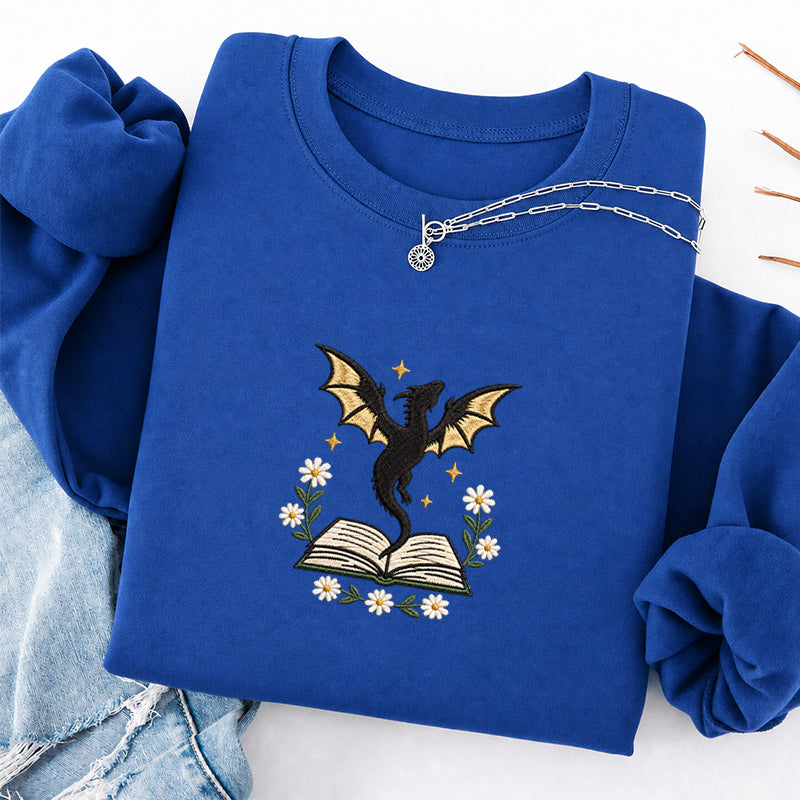 Embroidered Dragon Floral Book Classic Crewneck Sweatshirt