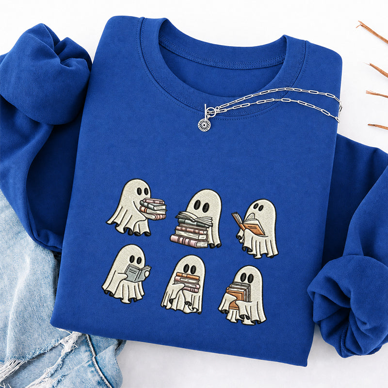 Embroidered Halloween Ghost Reading Classic Crewneck Sweatshirt