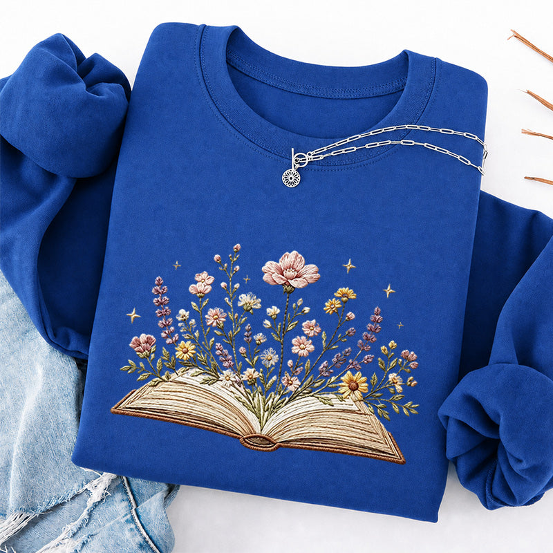 Embroidered Floral Book Classic Crewneck Sweatshirt