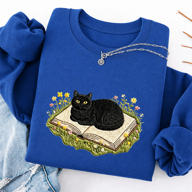 Embroidered Black Cat Book Classic Crewneck Sweatshirt
