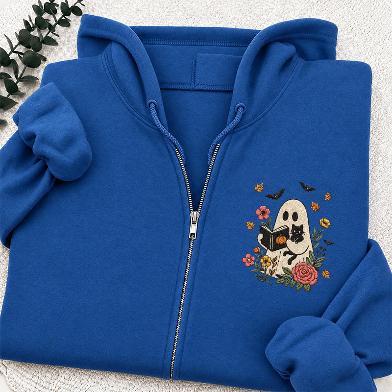 Embroidered Floral Ghost Reading Classic Full Zip Hoodie