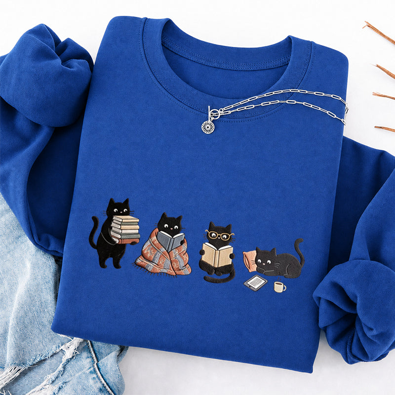 Embroidered Bookish Black Cats Classic Crewneck Sweatshirt