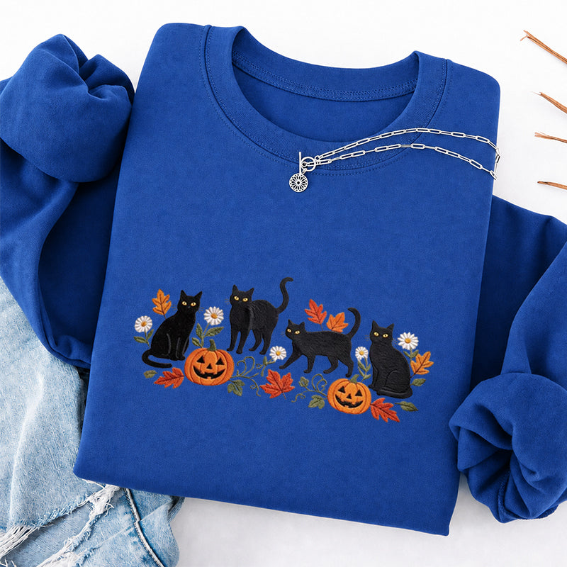 Embroidered Halloween Black Cat Pumpkins Classic Crewneck Sweatshirt