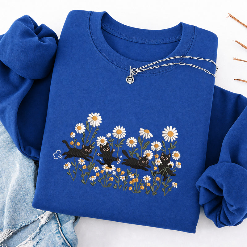 Embroidered Garden Playing Cats Daisy Classic Crewneck Sweatshirt