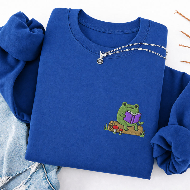 Embroidered Cute Reading Frog Classic Crewneck Sweatshirt
