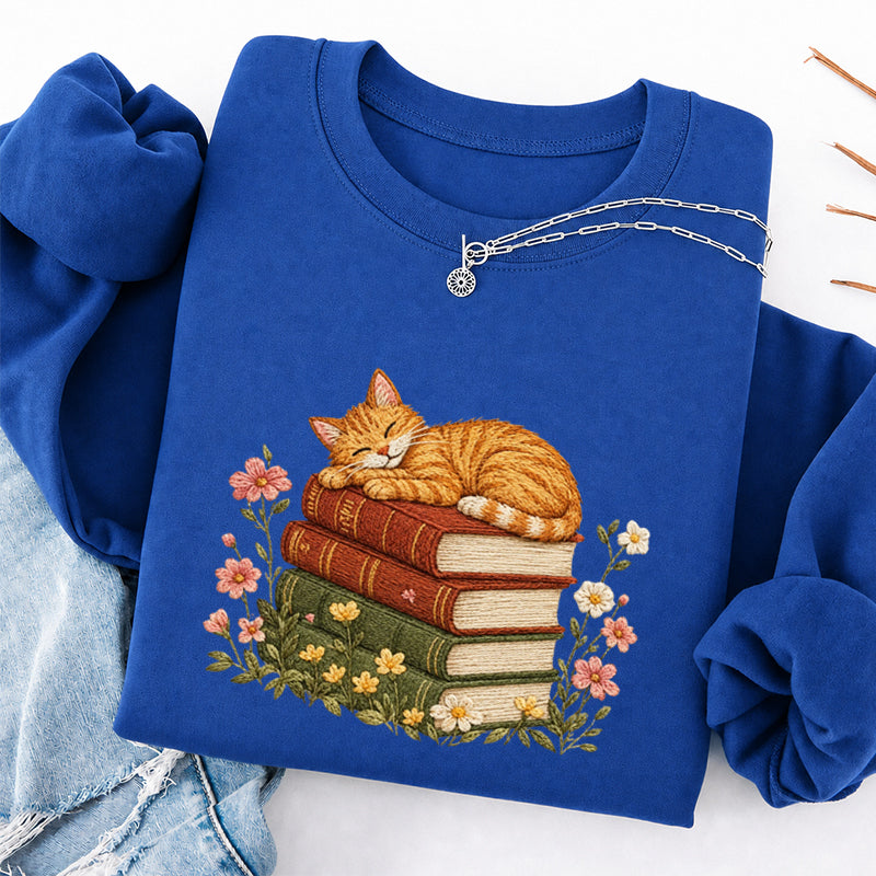 Embroidered Cat Sleeping On Books Classic Crewneck Sweatshirt