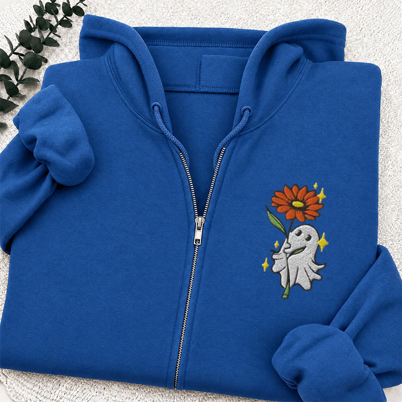 Embroidered Ghost Holding a Flower Classic Adult Unisex Full Zip Hoodie