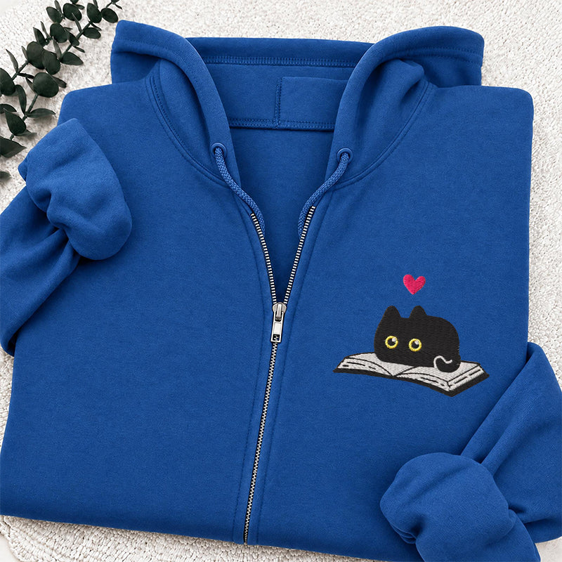 Embroidered Black Cat and Book Classic Adult Unisex Full Zip Hoodie