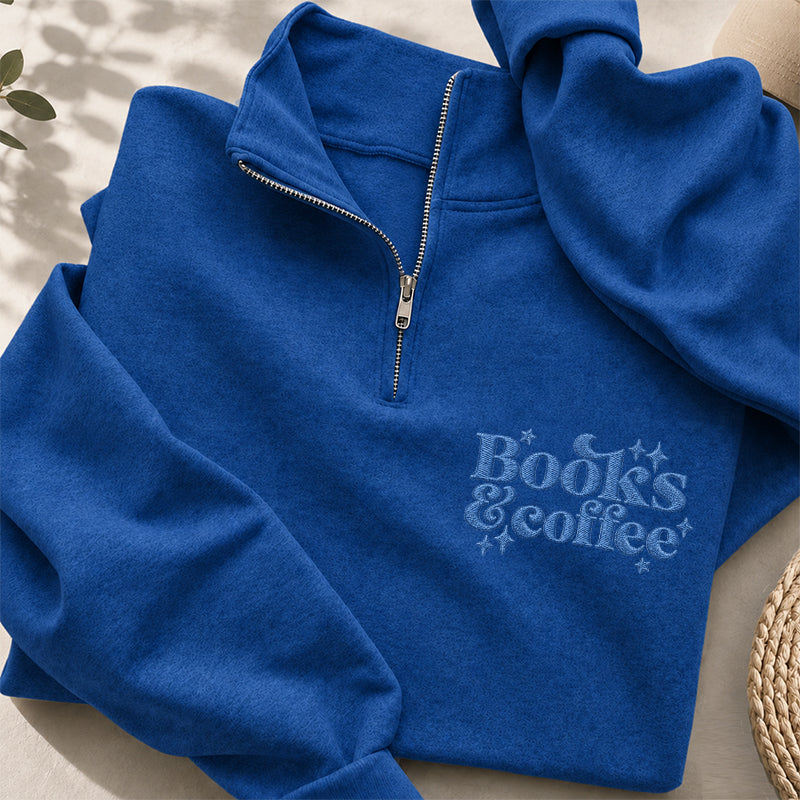 Personalized Embroidered Books & Coffee Classic Quarter Zip Sweatshirt