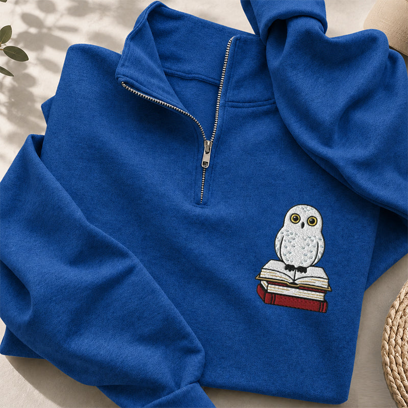 Embroidered Snow Owl On Bookstack Classic Quarter Zip Sweatshirt