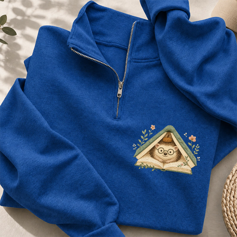 Embroidered Reading Hedgehog Classic Quarter Zip Sweatshirt