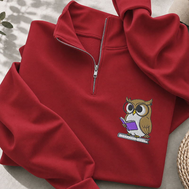 Embroidered Owl Reading Classic Quarter Zip Sweatshirt