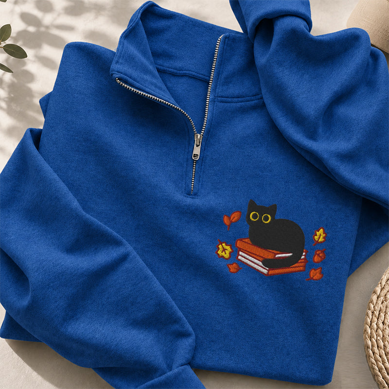 Embroidered Autumn Black Cat Book Classic Quarter Zip Sweatshirt