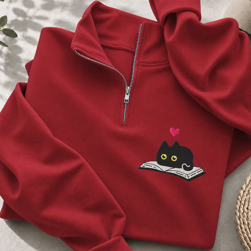Embroidered Black Cat and Book Classic Quarter Zip Sweatshirt