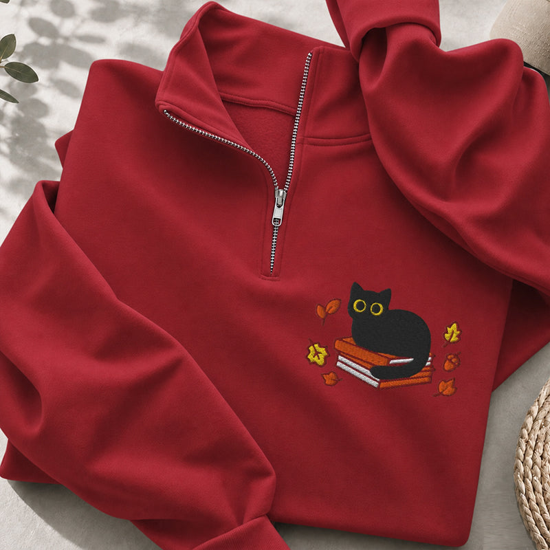 Embroidered Autumn Black Cat Book Classic Quarter Zip Sweatshirt