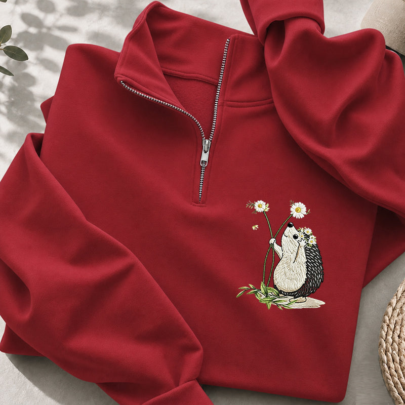 Embroidered Hedgehog Daisy Classic Quarter Zip Sweatshirt