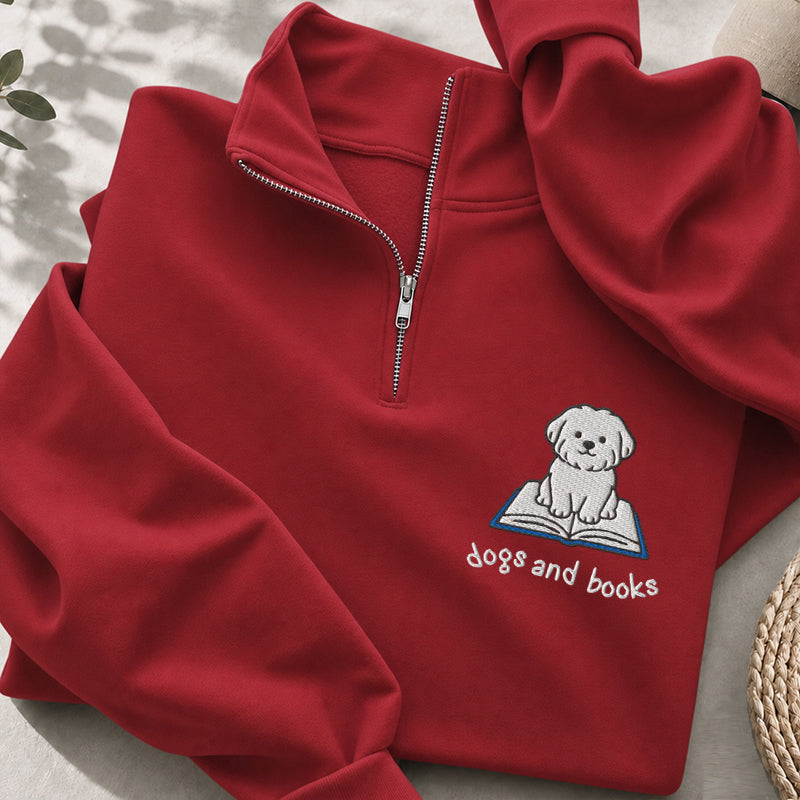Embroidered Dogs And Books Classic Quarter Zip Sweatshirt