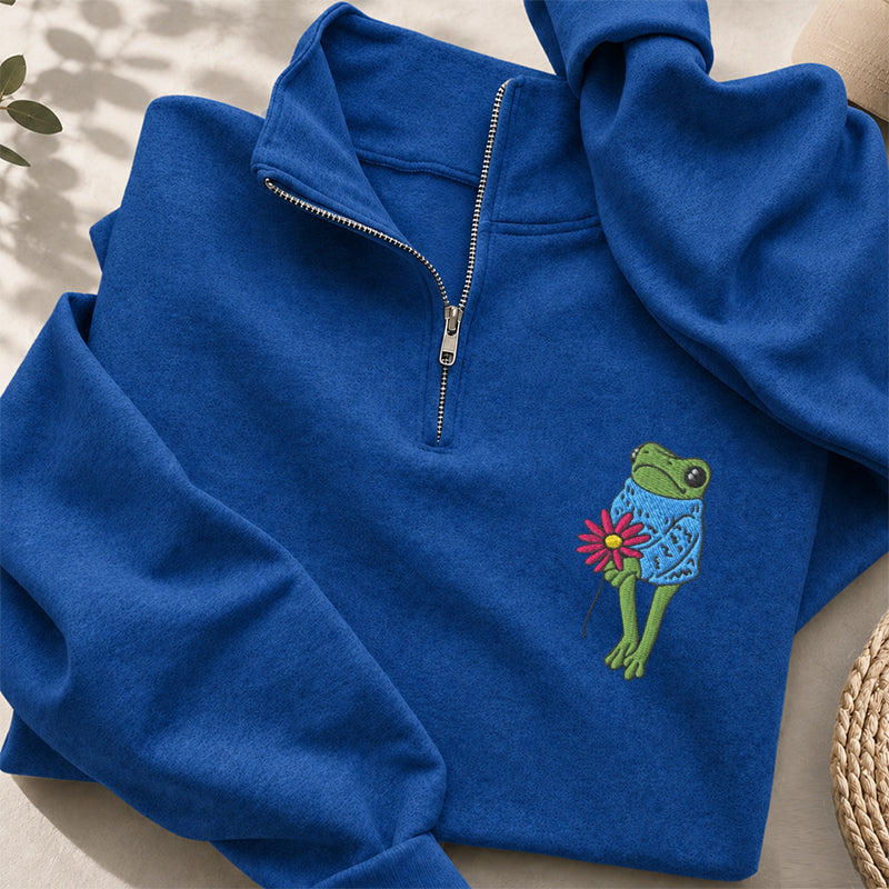 Embroidered Flower Frog Classic Quarter Zip Sweatshirt