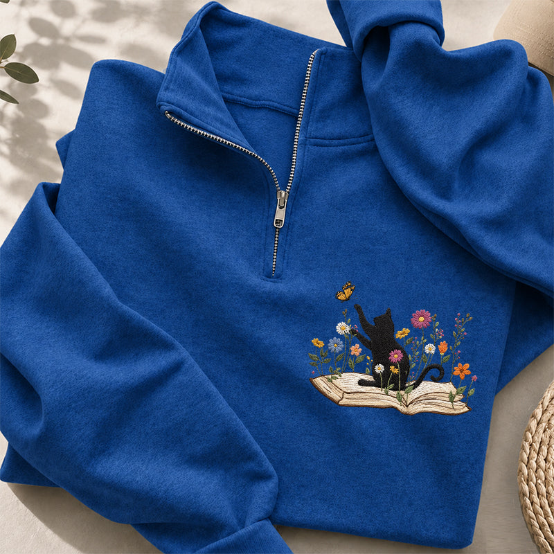 Embroidered Floral Book Cat Classic Quarter Zip Sweatshirt