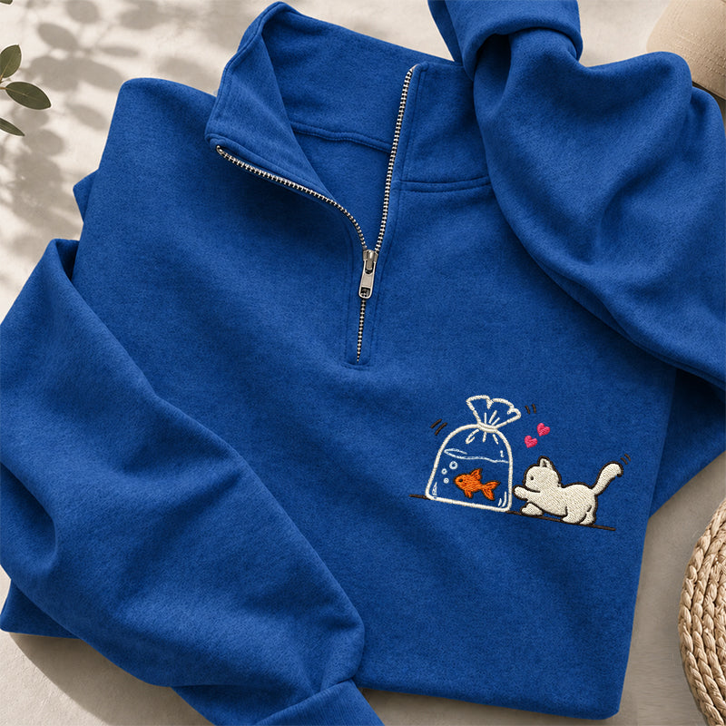 Embroidered Kitten Goldfish Classic Quarter Zip Sweatshirt