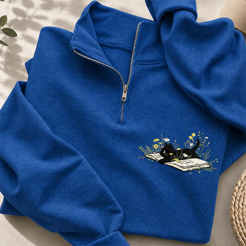 Embroidered Floral Book Cat Classic Quarter Zip Sweatshirt