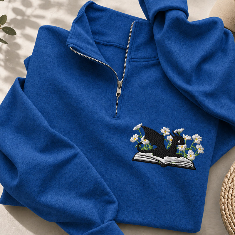 Embroidered Floral Dragon Book Classic Quarter Zip Sweatshirt