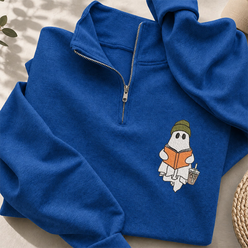 Embroidered Cute Ghost Reading Classic Quarter Zip Sweatshirt