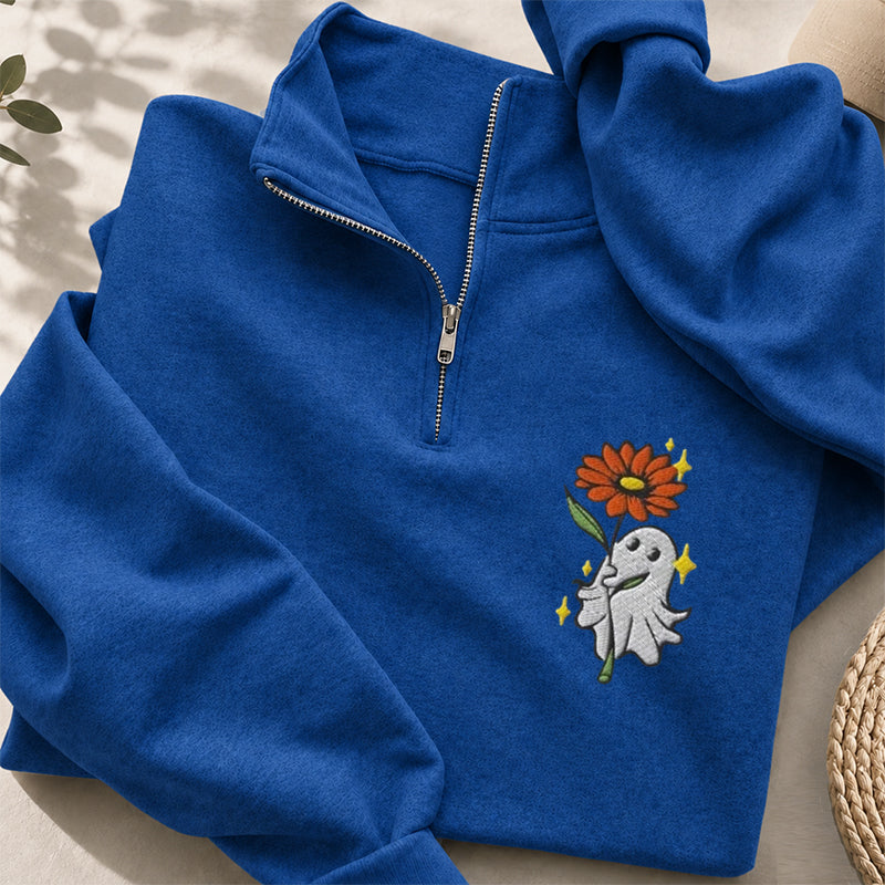 Embroidered Ghost Holding A Flower Classic Quarter Zip Sweatshirt