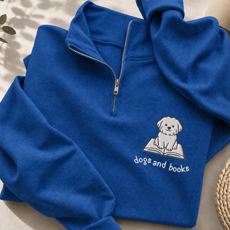 Embroidered Dogs And Books Classic Quarter Zip Sweatshirt