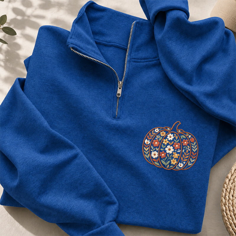 Embroidered Floral Pumpkin Classic Quarter Zip Sweatshirt