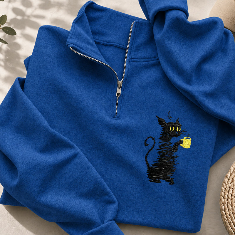 Embroidered Coffee Black Cat Classic Quarter Zip Sweatshirt