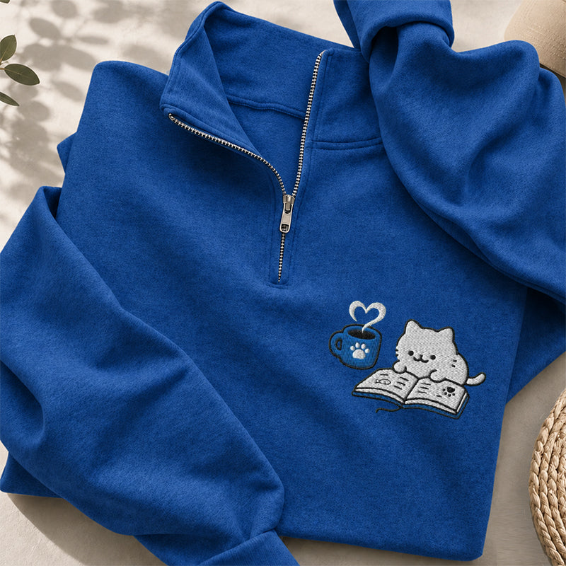 Embroidered Reading Kitten Classic Quarter Zip Sweatshirt