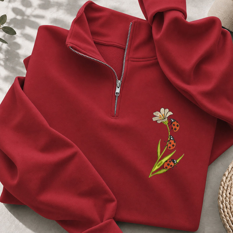 Embroidered Ladybug & Daisy Classic Quarter Zip Sweatshirt
