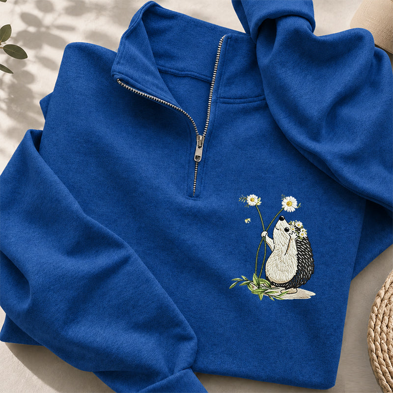Embroidered Hedgehog Daisy Classic Quarter Zip Sweatshirt