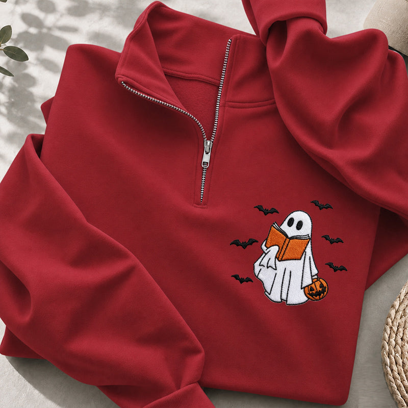 Embroidered Halloween Reading Ghost Classic Quarter Zip Sweatshirt