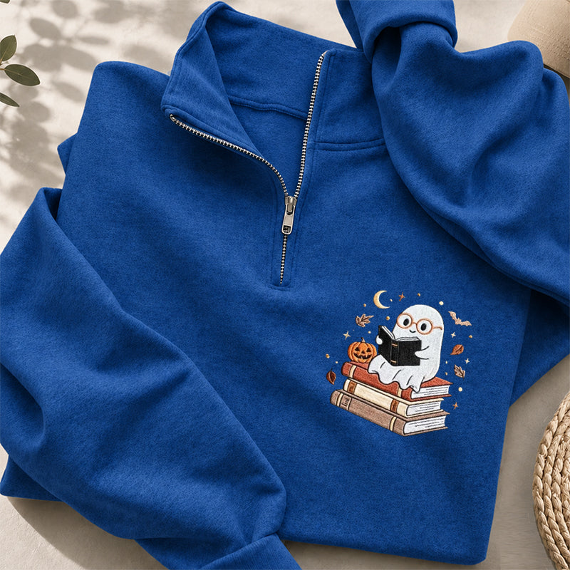 Embroidered Bookish Ghost Classic Quarter Zip Sweatshirt