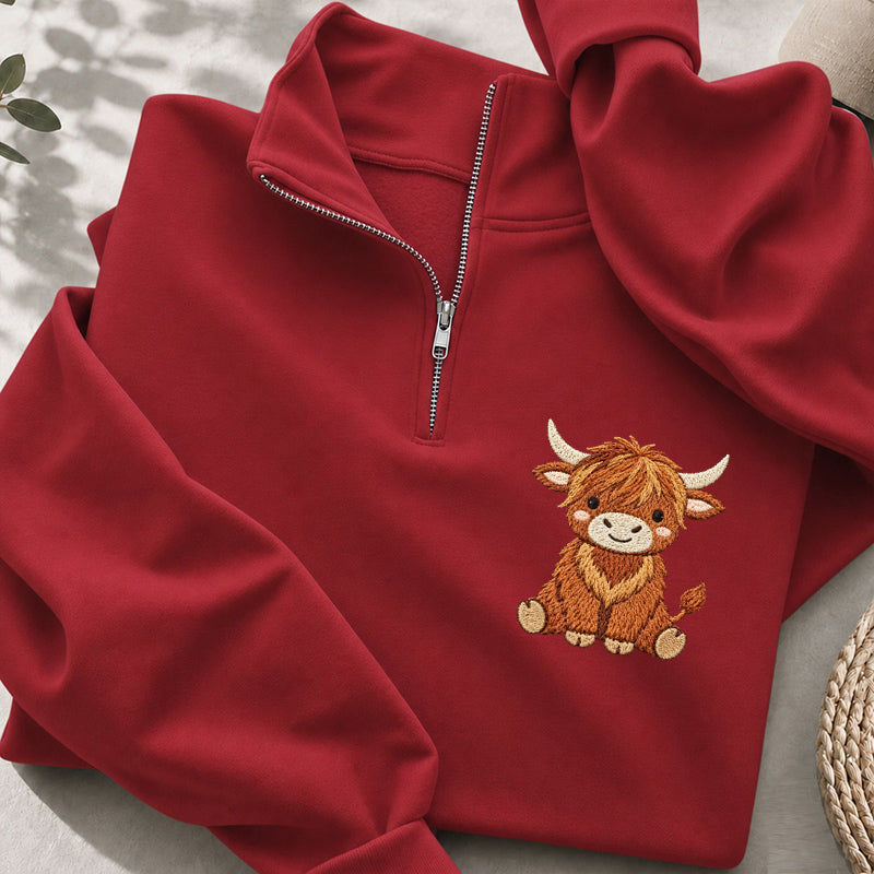 Embroidered Highland Cow Classic Quarter Zip Sweatshirt